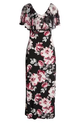 Connected Apparel Floral Print Ruffle Chiffon Dress in Magenta