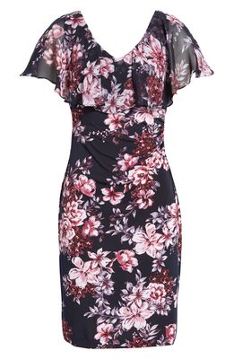 Connected Apparel Floral Print Ruffle Chiffon Sheath Dress in Navy