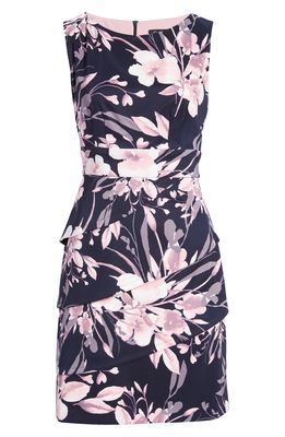 Connected Apparel Floral Print Tiered Sleeveless Dress in Navy/Mauve