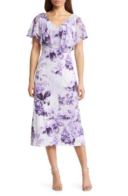 Connected Apparel Floral Ruffle Cape Midi Dress in Dusty Lavender
