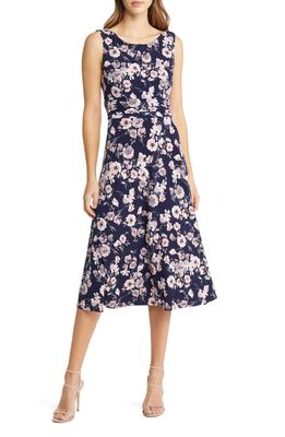 Connected Apparel Floral Shirred Waist Dress in Navy