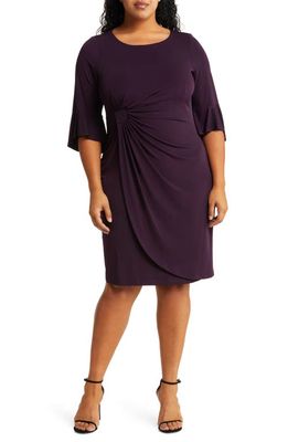 Connected Apparel Gathered Bell Sleeve Faux Wrap Dress in Aubergene