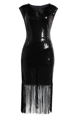 Connected Apparel Kyhle Sequin Fringe Hem Cocktail Dress in Black