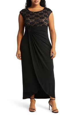 Connected Apparel Lace Bodice Cap Sleeve Dress in Black/Gold