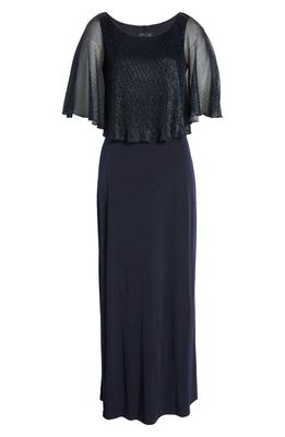 Connected Apparel Metallic Cape Bodice Jersey Gown in Navy