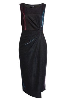 Connected Apparel Metallic Sleeveless Faux Wrap Dress in Peacock 