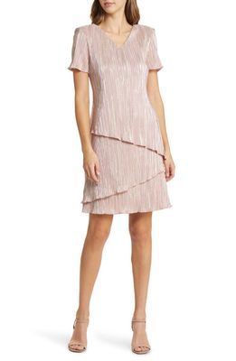 Connected Apparel Plissé Foil Tiered Dress in Dusty Rose