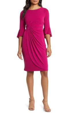 Connected Apparel Ruched Bell Sleeve Faux Wrap Cocktail Dress in New Coral