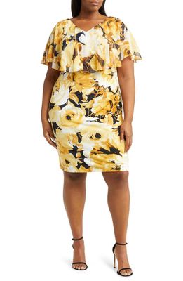 Connected Apparel Ruffle Bodice Floral Print Dress in Navy/Mustard