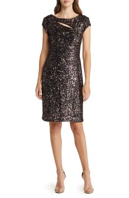 Connected Apparel Sequin Cutout Cocktail Dress in Black/Gold