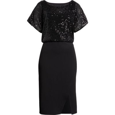 Connected Apparel Sequin Dolman Sleeve Boat Neck Dress in Black 