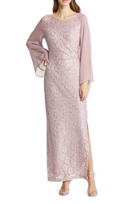 Connected Apparel Sequin Floral Lace Long Sleeve Sheath Gown in Mauve