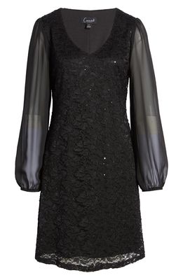 Connected Apparel Sequin Lace Chiffon Sleeve A-Line Dress in Black