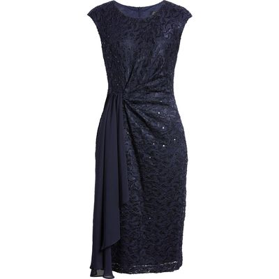 Connected Apparel Sequin Lace Cocktail Dress in Navy 