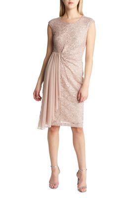 Connected Apparel Sequin Lace Cocktail Dress in Taupe