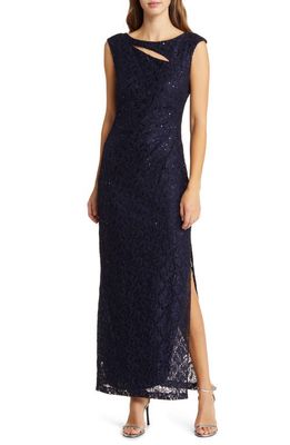 Connected Apparel Sequin Lace Sheath Gown in Navy