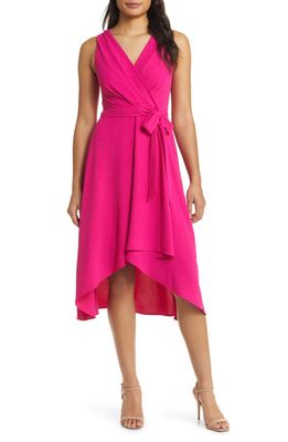 Connected Apparel Tie Belt Faux Wrap High-Low Dress in Bright Fuchsia