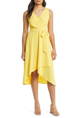 Connected Apparel Tie Belt Faux Wrap High-Low Dress in Yellow