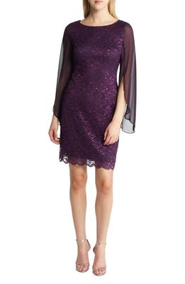 Connected Apparel Women's Cape Long Sleeve Lace Cocktail Dress in Aubergine