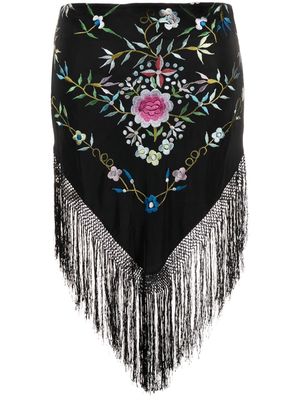 Conner Ives floral-embroidery fringed skirt - Black