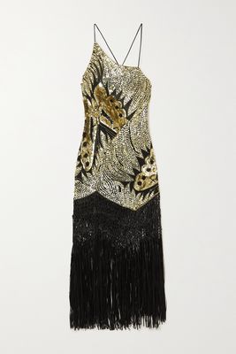 Conner Ives - Fringed Sequin-embellished Silk-satin Gown - Black