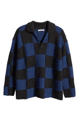 CONNOR MCKNIGHT Gender Inclusive Tile Knit Merino Wool Rugby Sweater in Black/Blue
