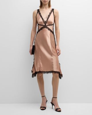 Contrast Lace-Trim Satin Slip Dress