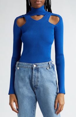 Coperni Cutout Crossover Mock Neck Rib Sweater in Blue