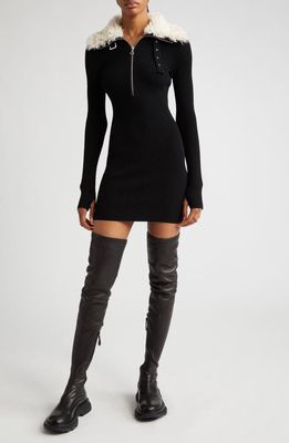 Coperni Long Sleeve Rib Wool Blend Minidress with Removable Faux Shearling Collar in Black