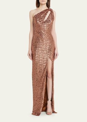 Copper One-Shoulder Sequin Gown with Keyhole Cutout
