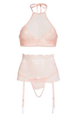 Coquette Crop Halter Top, Garter Belt & G-String Thong in Pink 