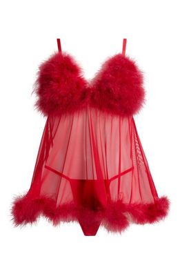 Coquette Feathery Babydoll Chemise & G-String Set in Red