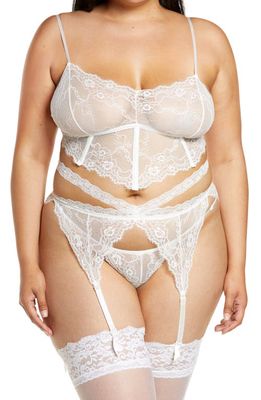 Coquette Lace Bra, Garter Belt & G-String Thong Set in White 