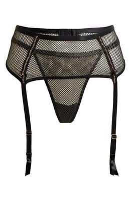 Coquette Shimmery Fishnet Thong & Garter Belt Set in Black