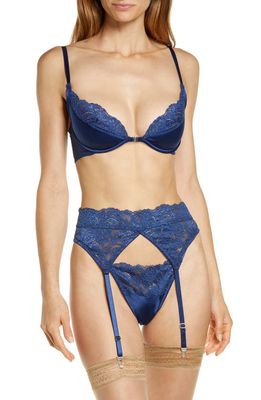 Coquette Underwire Bra, Garter Belt & Thong Set in Navy 