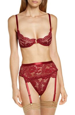 Coquette Underwire Bra, Garter Belt & Thong Set in Ruby 