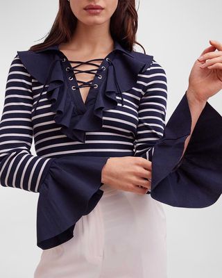 Coquillage Striped Bell-Sleeve Ruffle Top