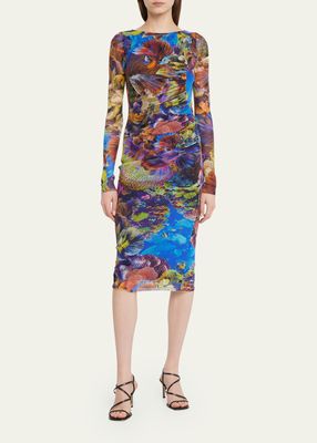 Coral Reef-Print Bodycon Tulle Midi Dress