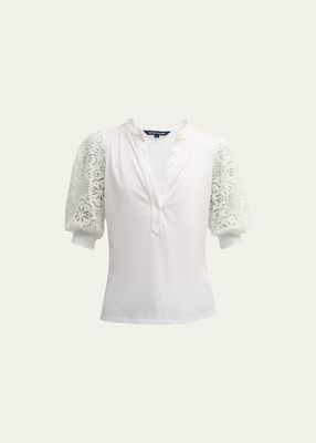 Coralee Knit Button-Front Eyelet Sleeve Top