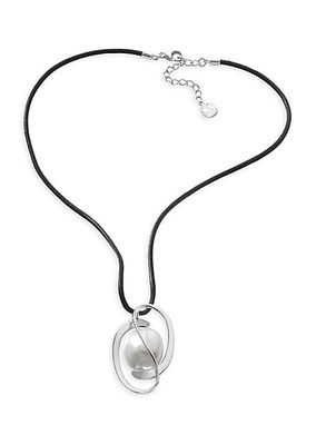 Córcega Rhodium-Plate, Faux Pearl & Leather Pendant Necklace