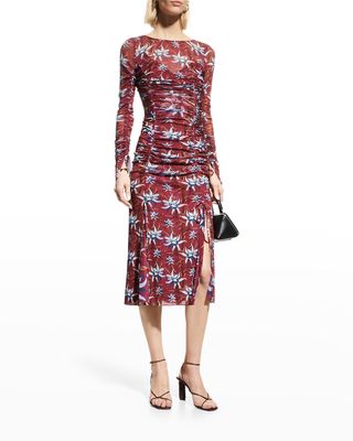 Corinne Ruched Floral-Print Mesh Dress