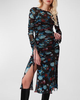 Corinne Ruched Floral-Print Mesh Midi Dress