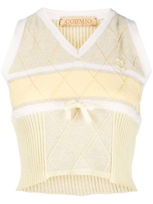 CORMIO floral-embroidery argyle-knit top - Yellow