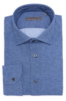 Corneliani Denim Effect Button-Up Dress Shirt in Dark Blue