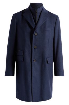 Corneliani Prince of Wales Plaid Water Repellent Wool Blend Longline Jacket with Bib Inset in Navy