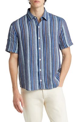 Corridor Amalfi Stripe Short Sleeve Linen Button-Up Shirt in Blue