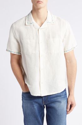 Corridor Bouquet Floral Embroidered Linen & Cotton Camp Shirt in Natural 