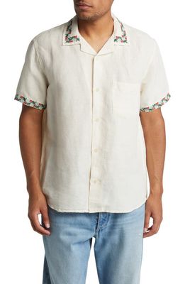 Corridor Hamsa Floral Embroidered Short Sleeve Linen & Cotton Button-Up Camp Shirt in Natural