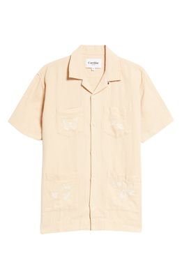 Corridor Men's Embroidered Butterfly Short Sleeve Cotton & Linen Button-Up Guayabera Shirt in Natural