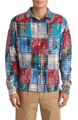 Corridor Plaid Paisley Patchwork Flannel Button-Up Shirt in Multi Red/B Lue